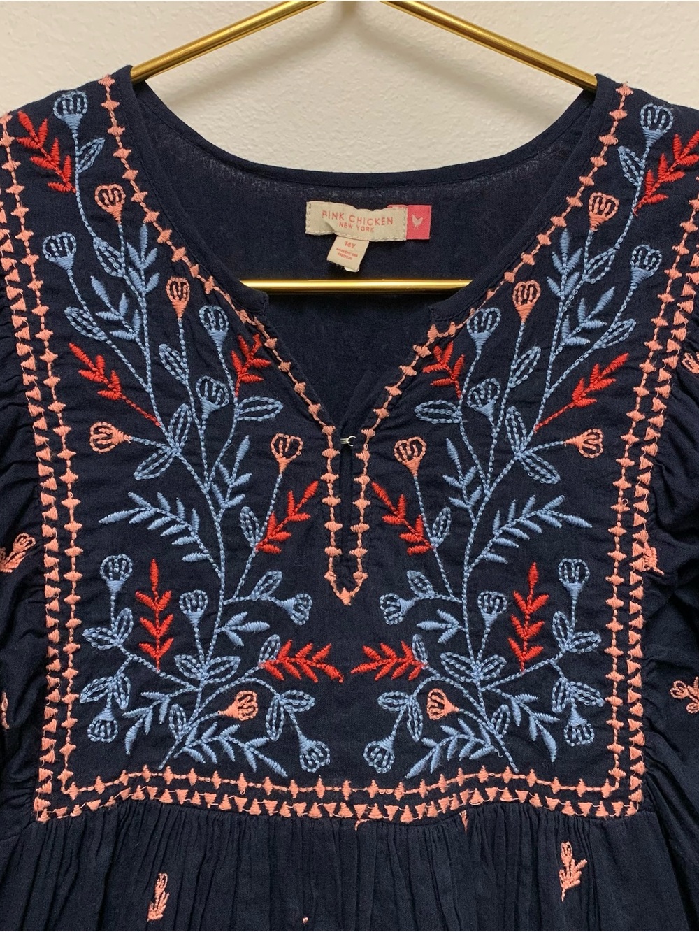 Pink Chicken Ave Bella Embroidered Dress Girls Size 14 Navy Blue Boho Peasant - Picture 3 of 11